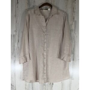Chicos Tunic Size 2 Large Beige 3/4 Sleeve No Iron Button Front and Back Linen